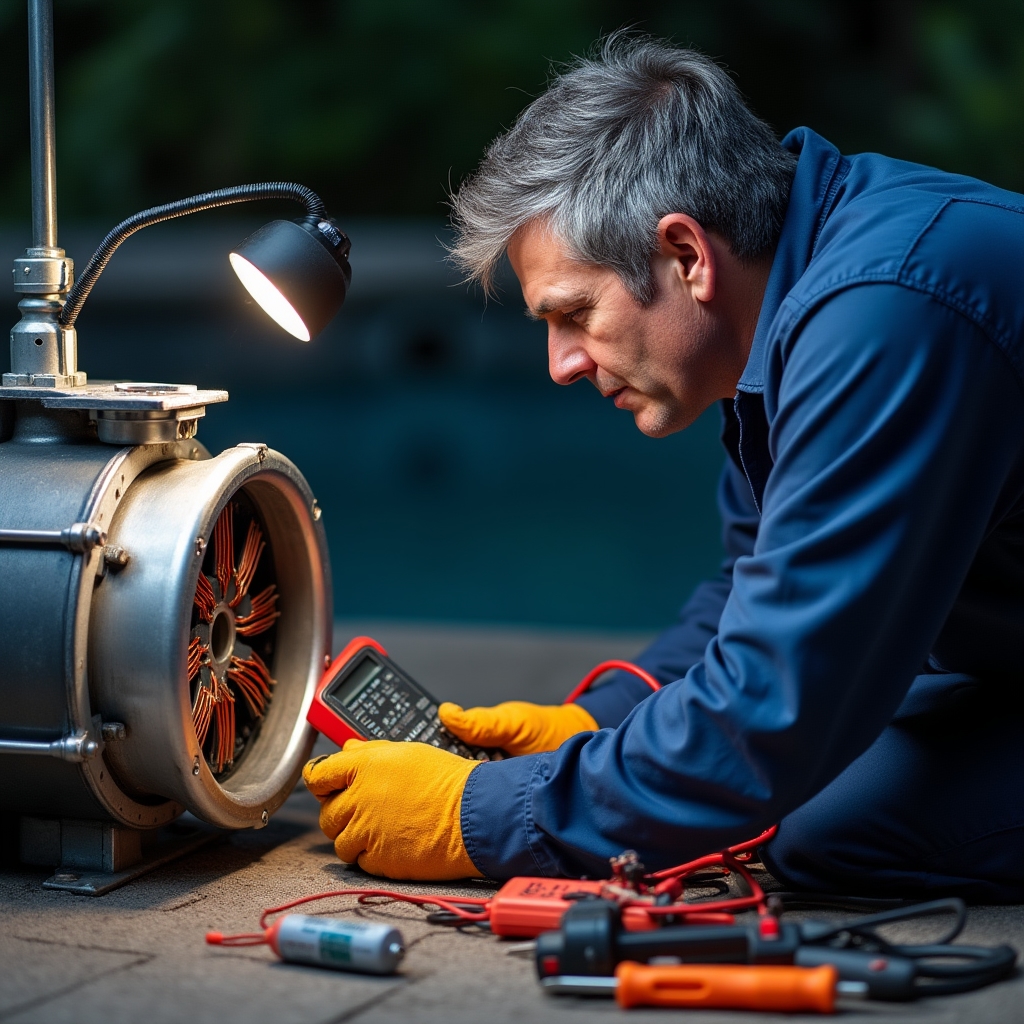 Técnico diagnosticando avería en bomba de circulación de piscina