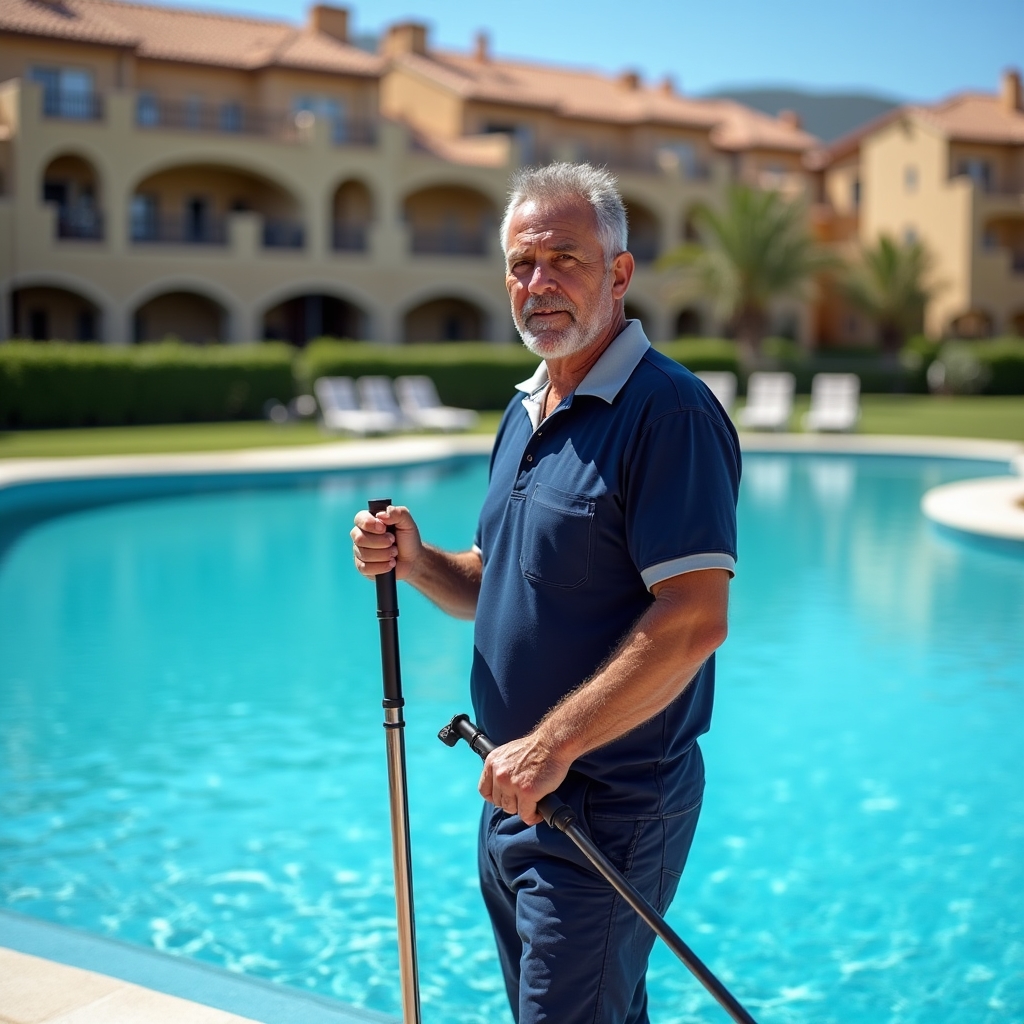 Técnico inspeccionando la piscina comunitaria