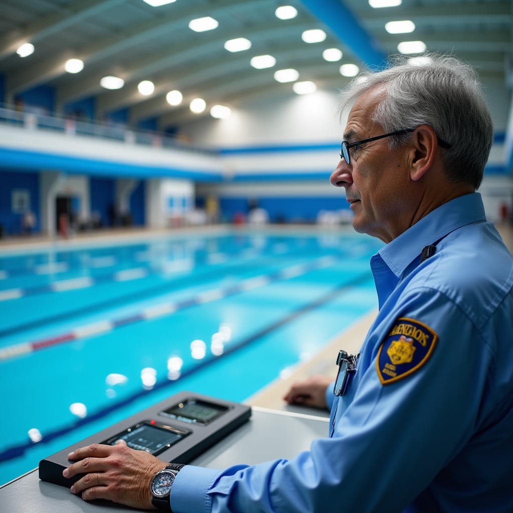 Operador supervisando piscina pública municipal